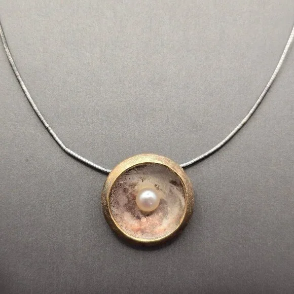 VTG Sterling Silver Pearl Pendant Necklace 925 Germany 2 Tone RL Regis Lecuyer - Picture 1 of 13